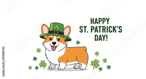 Adorable corgi dog wearing a green leprechaun hat surrounded by clover for st patricks day holiday celebration design.