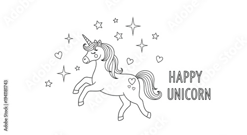 Cute line art illustration of a magical unicorn jumping among stars and hearts for children coloring book projects.