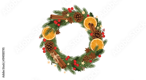 Festive christmas wreath decorated with red berries, dried orange slices, pine cones, and cinnamon sticks on white background.