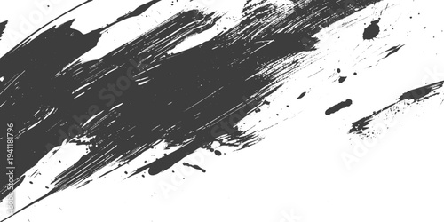 Black grunge ink brush stroke with splatter vector droplets on a white background, abstract paint smear, rough artistic texture, minimalist monochrome design. 