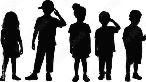 Children silhouettes collection, boys and girls standing poses, kids group outline, childhood lifestyle concept isolated vector illustration