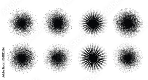 Set of black stipple grain circles and sunburst shapes for vintage texture and retro graphic design elements.