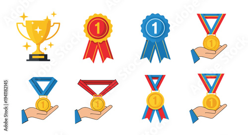 Comprehensive set of award medals, first place ribbons, and a golden trophy for sports and competition victory themes.