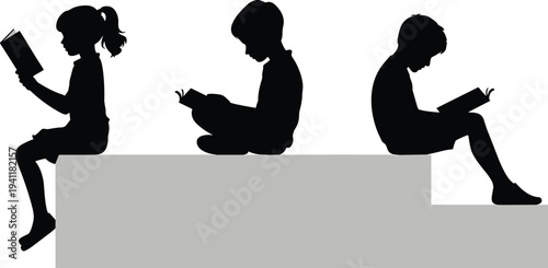 Children reading book silhouettes, kids sitting and studying with books, education learning concept isolated vector illustration