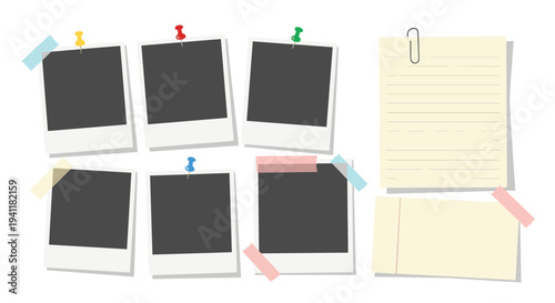 Creative mood board design featuring blank polaroid photo frames, pinned notes, and paper scraps with adhesive tape.