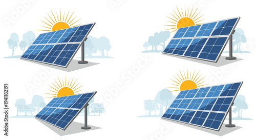 Set of solar panel installations with sun and nature backgrounds for renewable energy and sustainability concepts.