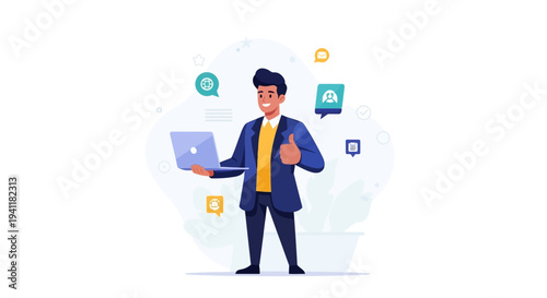 Businessman with laptop and social media icons.