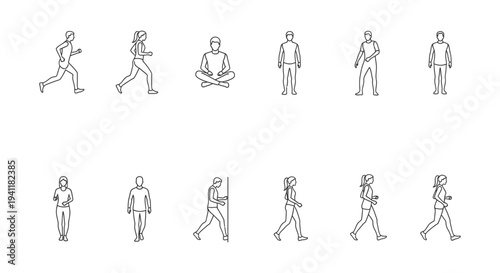 line art icons illustrating people running walking exercising and meditating perfect for health and fitness content.