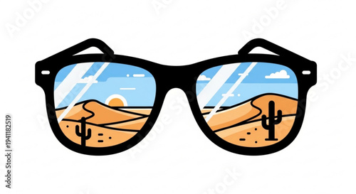 Desert landscape reflected in black sunglasses with cactus and sunset