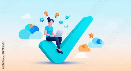 Man Sitting on Large Checkmark with Laptop.