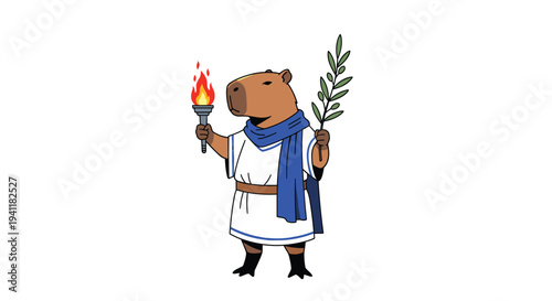 Cartoon capybara dressed in ancient Greek toga and blue scarf holding a flaming torch and an olive branch of peace.