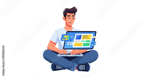 Man Sitting with Laptop and Monitor.