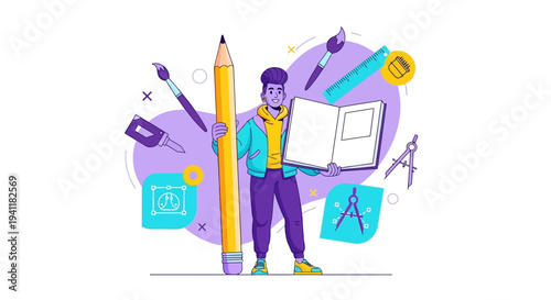 Man surrounded by art and design tools.