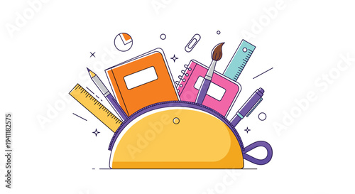 Yellow pencil case overflowing with school supplies like notebooks, ruler, brush, pencil, and pen for educational theme.