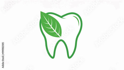 Organic Dental Logo | Green Tooth Outline with Leaf Symbolizing Natural Oral Care, Herbal Medicine, and Eco-Friendly Freshness
