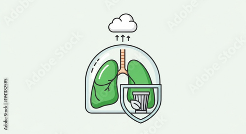 Lungs protected by shield with air pollution cloud symbolizing clean air and respiratory health concept