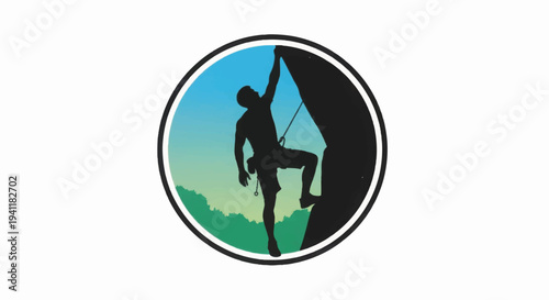 Rock Climbing Logo Badge: Vintage Silhouette Illustration of Climber on Cliff Face, Extreme Adventure Sport Icon