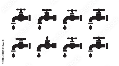 Water tap symbol collection representing plumbing, water supply and conservation concept