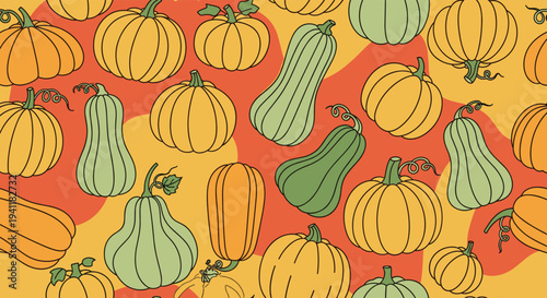 Decorative seamless pattern featuring stylized pumpkins and squashes in warm autumn tones of orange green and yellow.