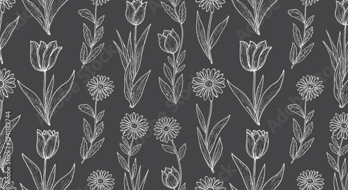 hand-drawn chalk floral seamless pattern with tulips and daisies on dark background ideal for rustic textiles and vintage prints