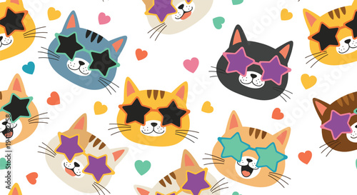 Fun seamless pattern of various cat heads wearing colorful star shaped sunglasses and surrounded by small hearts.