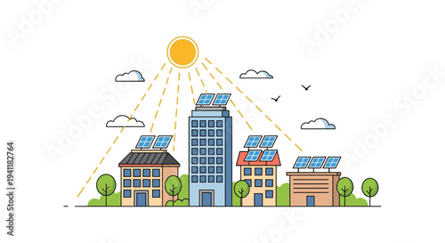 Sustainable city illustration with modern buildings equipped with solar panels under a bright sun for green energy concept.