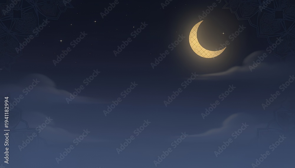 Naklejka premium Crescent Moon Night Sky with Clouds, tranquil night atmosphere