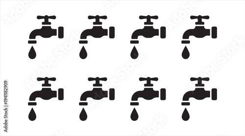 Minimal faucet icons with water drops showing leak and flow stages isolated on background