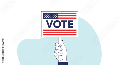 Illustration of a hand holding up a vote sign featuring the United States flag for election and democracy campaign.
