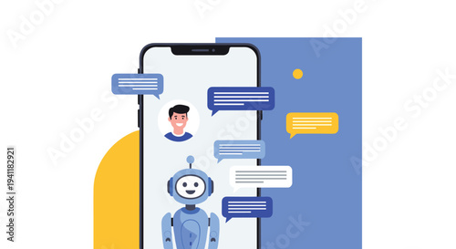 Smartphone screen displaying a chat conversation between a human and a robot for artificial intelligence and support theme.