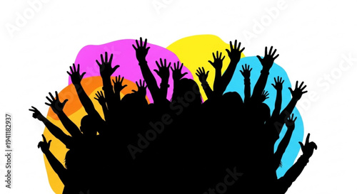 Silhouettes of people raising hands in celebration with colorful background