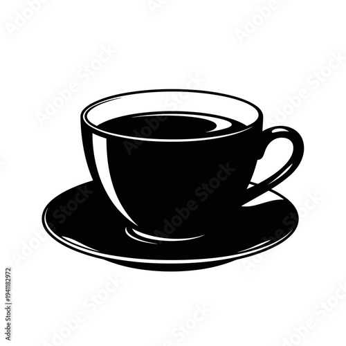 Black silhouette of tea cup isolated on white background, concept of relaxation and comfort  
