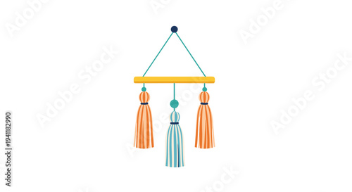 Decorative macrame wall hanging with three colorful tassels suspended from a wooden rod for bohemian interior style.