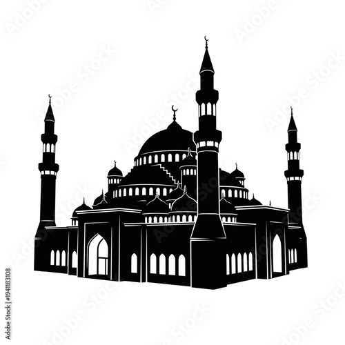 Black silhouette of mosque isolated on white background, concept of Islamic faith and worship  