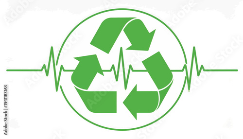 Eco-Friendly Green Recycling Icon with Heartbeat Pulse Line. Sustainable Life and Environmental Health Concept Illustration.