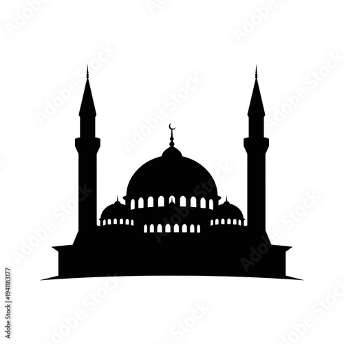 Black silhouette of minaret isolated on white background, concept of Islamic architecture and spirituality  