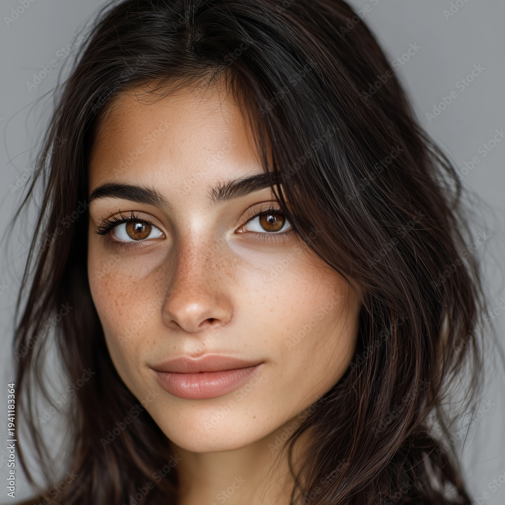 Fototapeta premium Natural Beauty: Close-Up Portrait of Young Woman with Freckles and Warm Brown Eyes
