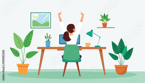 Successful remote worker celebrates achievement in biophilic home office, productivity and well-being concept. Flat vector illustration.
