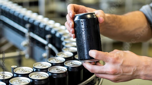 A person's hands delicately hold a dark, cold beverage can on a busy factory production line.