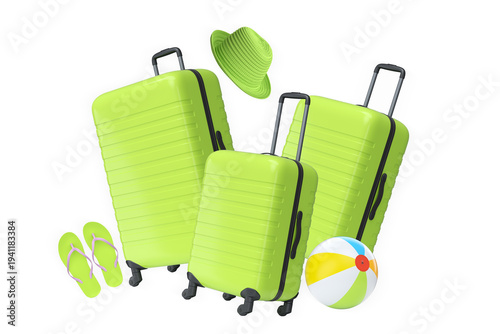 Set of suitcase with sunglasses, beach balls, camera, hat, and flip-flops isolated on white background, travel concept