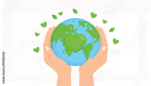 Earth Day Concept: Hands Holding Green Globe with Heart. Ecology, Conservation, Environment Protection, and Save the Planet Illustration.