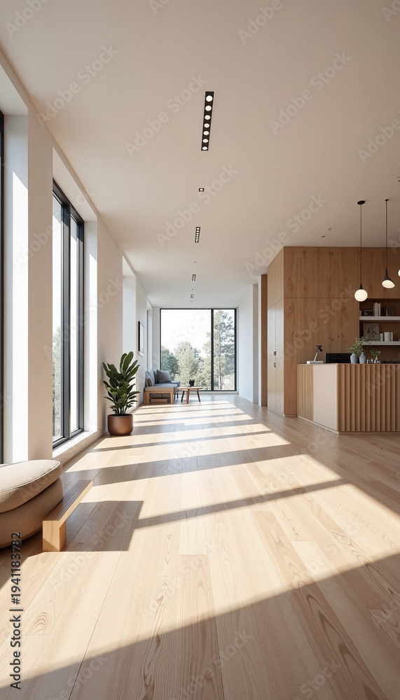Obraz premium Modern interior design in bright open space with wooden flooring and large windows allowing natural light. Living area features minimalistic furniture and green plants enhancing tranquility.