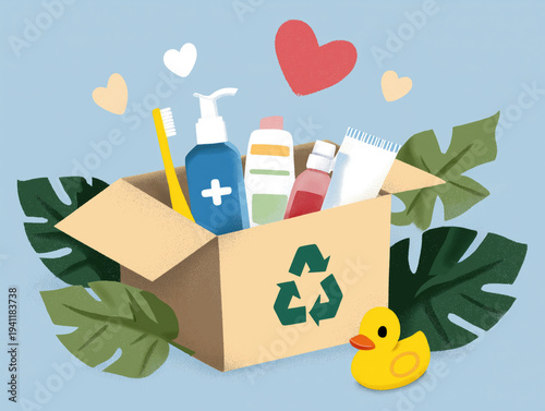 A box holds various cleaning products with green plants and a rubber duck