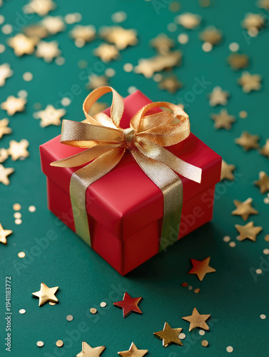 Bright red gift box on green surface surrounded by shiny gold stars