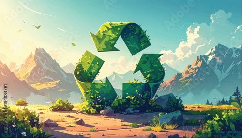 Lush Green Recycling Symbol in Majestic Mountain Landscape. Nature Conservation, Ecology and Sustainable Environment Concept.