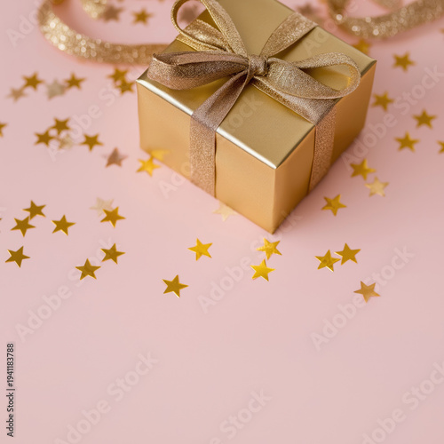 Gift box on pink surface surrounded by golden stars