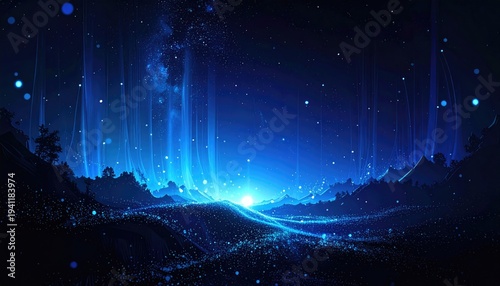 A digital art scene features glowing blue lights and particles over a mountainous landscape with a bright central light source