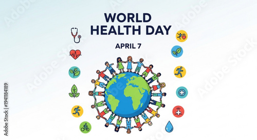 World health day illustration with people around the globe and health symbols