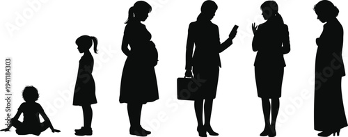 Female life stages silhouettes set, girl to pregnant woman to businesswoman, motherhood, career, aging woman evolution illustration