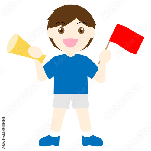 メガホンと旗を持って応援する男の子のイラスト
